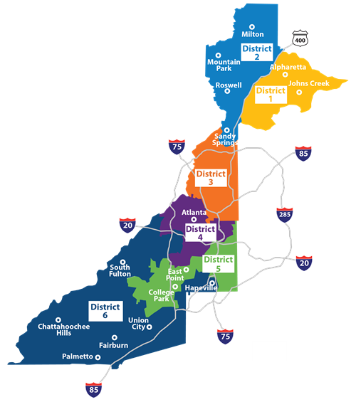 Color-coded map of the districts areas in Fulton County